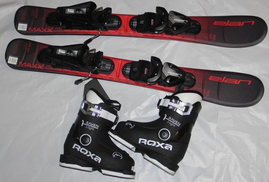 NEW Elan Maxx Kids Skis 70cm Uflex Adjustable 4.5 GW Bindings +14.5 Mondo boot