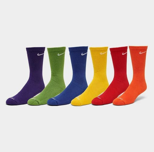 Nike Everyday Plus Cushioned Crew Socks Size L (8-12) Rainbow 6 Pairs SX6897-903
