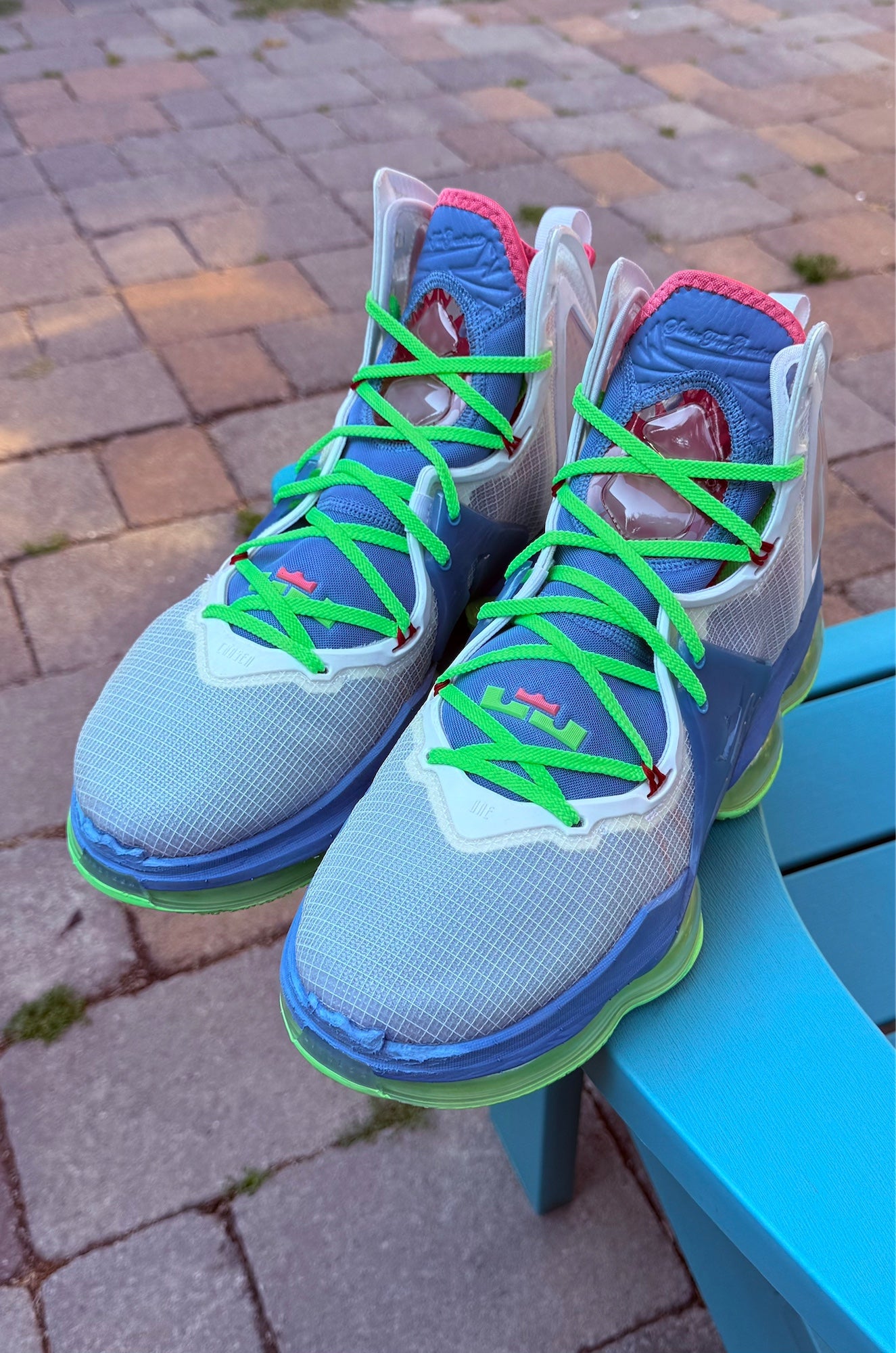 blue and lime green lebrons