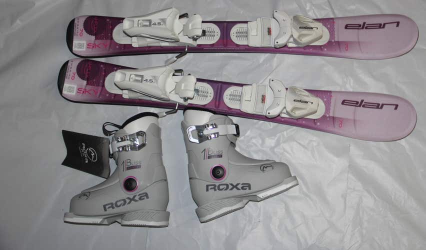 NEW 2026 ELAN SKY 70cm kids skis EL 4.5 adjustable Bindings + 15.5 Mondo boots ROXA