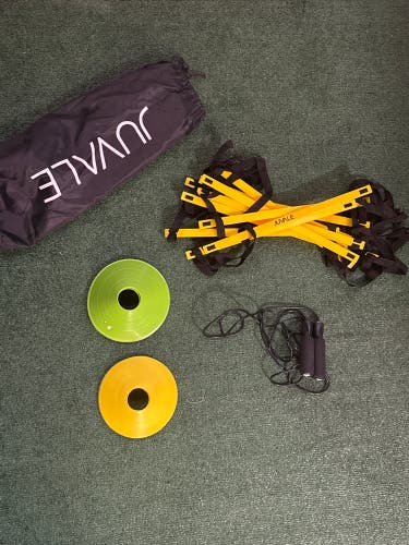 Set of speed and agility training items. Ladder, 11 cones and jump rope. See description for details