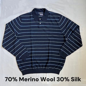 Brooks Brothers merino wool silk polo Sweater XL Navy Blue Striped dry cleaned