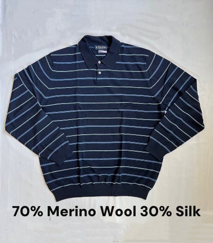 Brooks Brothers merino wool silk polo Sweater XL Navy Blue Striped dry cleaned