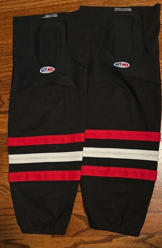 Black with red and white stripes Intermediate M AK hockey Socks (Used)-25”