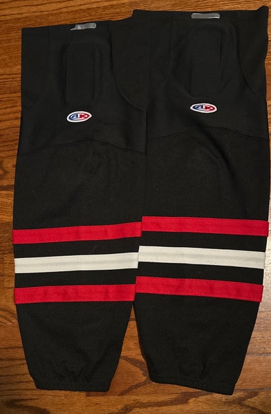 Black with red and white stripes Intermediate M AK hockey Socks (Used)-25”