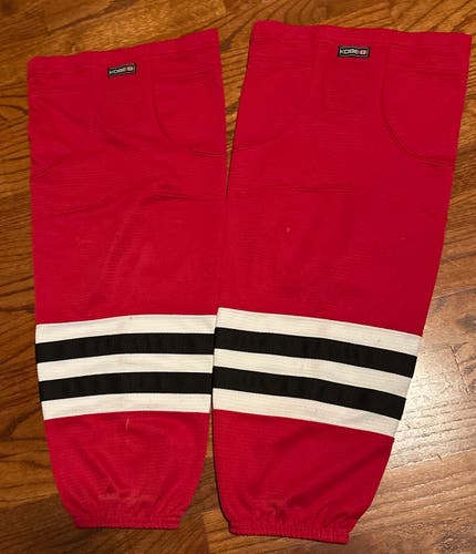 Red with white and black stripes adult Medium Kobe Socks (Used)-25”