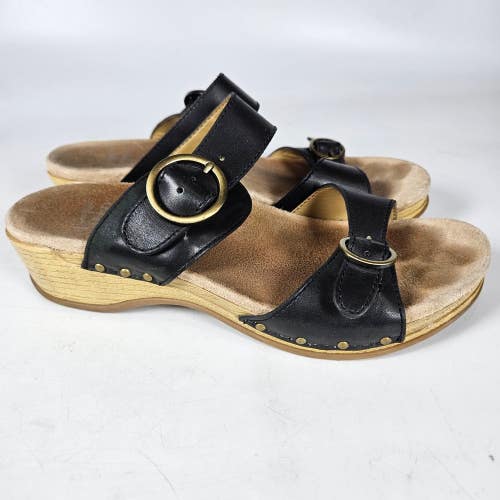 Dansko Manda Full Grain Black Leather Open Toe Wedge Sandal Size 39 US 8.5 - 9