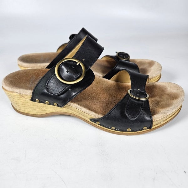 Dansko Manda Full Grain Black Leather Open Toe Wedge Sandal Size 39 US 8.5 - 9