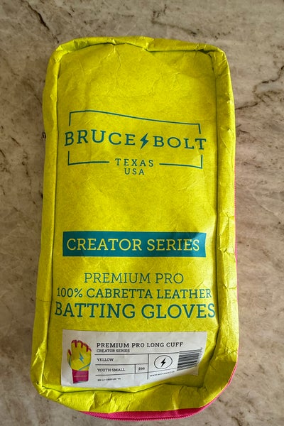 Brand New Bruce Bolt Long Cuff Leather Batting Gloves Yellow Blue Pink Youth Small