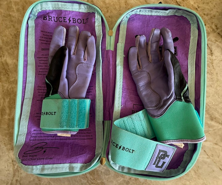 Bruce Bolt Long Cuff Leather Batting Gloves Black purple teal PG