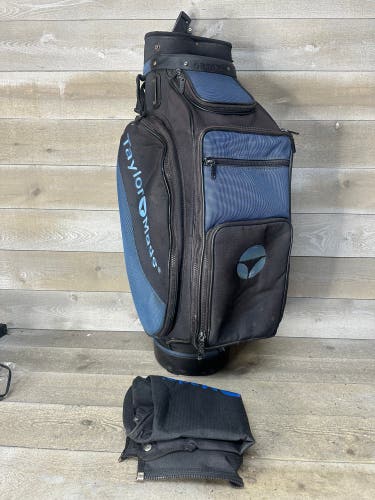 TaylorMade Staff Bag 5 Dividers Black Blue Cart Burner Bubble Rain & Soft Hood