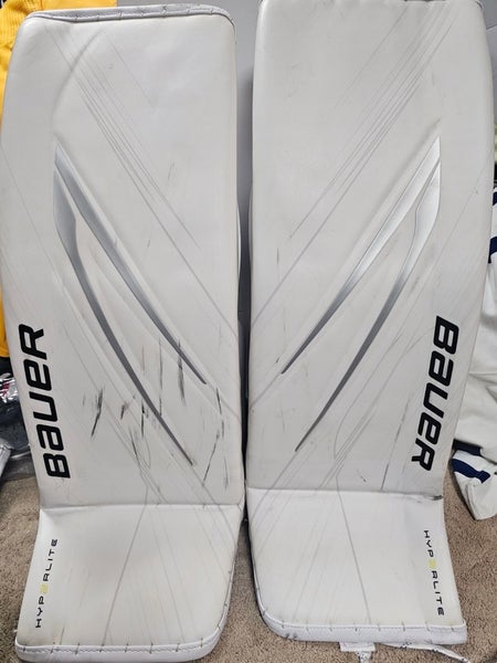 Penguins Bauer Hyperlite 2 White Game Worn Goalie Leg Pads Senior 34+1