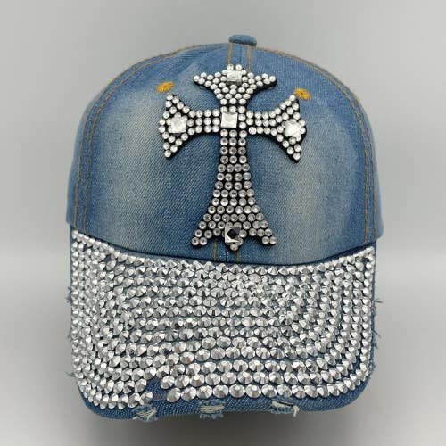Indigo Soul Distressed Blue Denim Crystal Rhinestone Gem Cross Strapback Hat