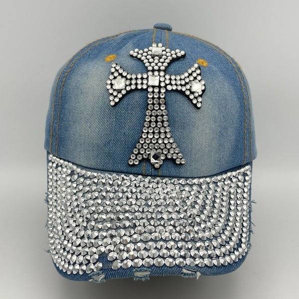 Indigo Soul Distressed Blue Denim Crystal Rhinestone Gem Cross Strapback Hat