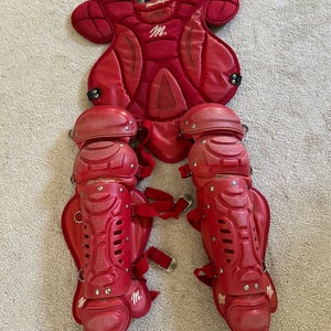 Red catchers chest protector and leg guards