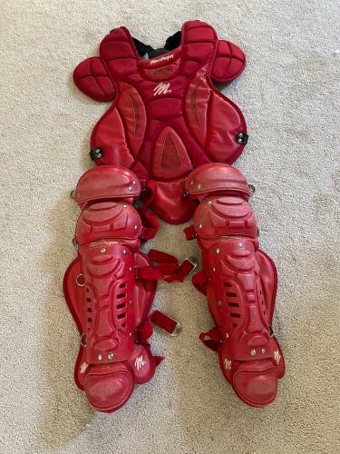 Red catchers chest protector and leg guards