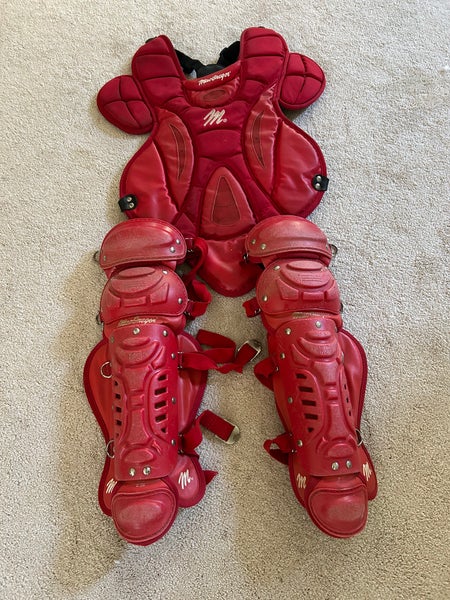Red catchers chest protector and leg guards