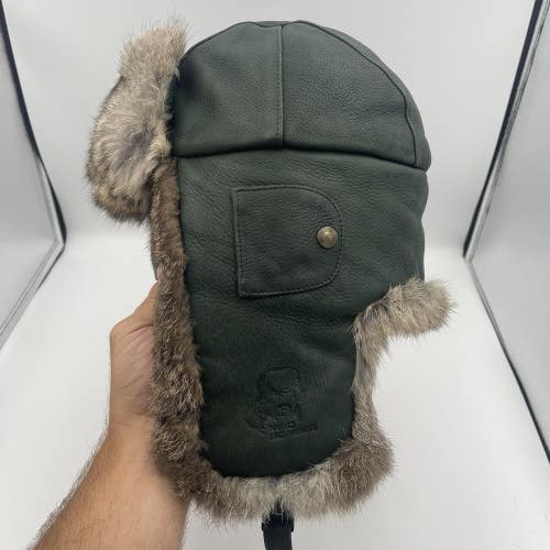 Mad Bomber Hat Large Rabbit Fur Green Leather Trapper Cap Ear Flaps Insulated