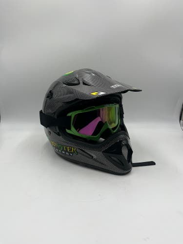 TMS fmvss 218 Large motocross / atv helmet with googles -Monster Energy - Carbon Fiber