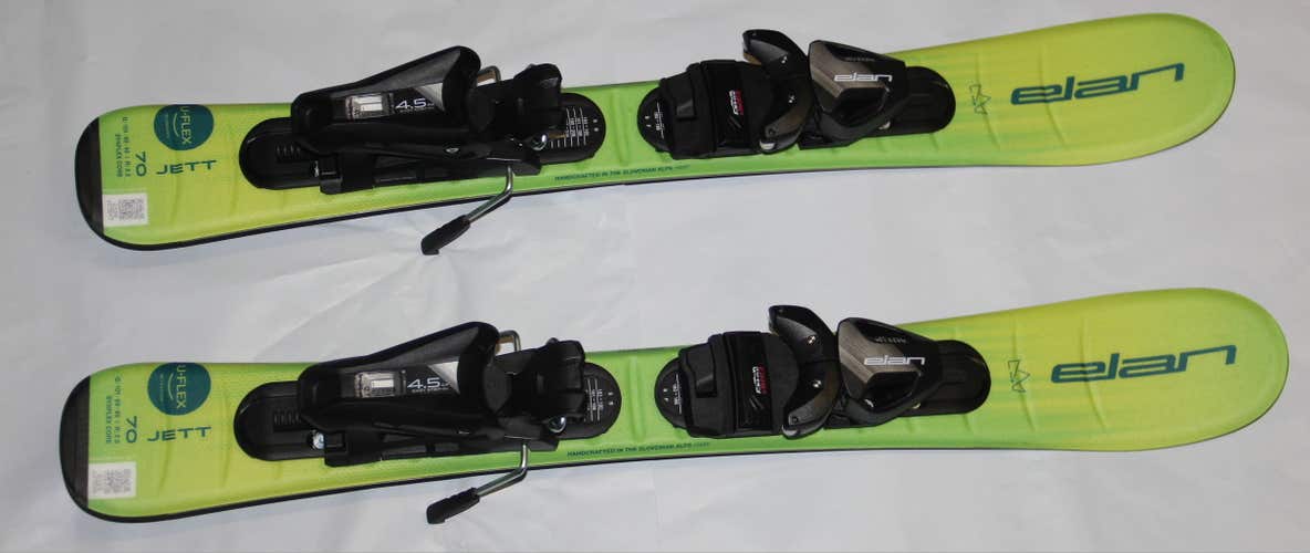 Elan JETT 2026 Kids Skis 70cm Uflex with Size Adjustable EL 4.5 GW Bindings on skis