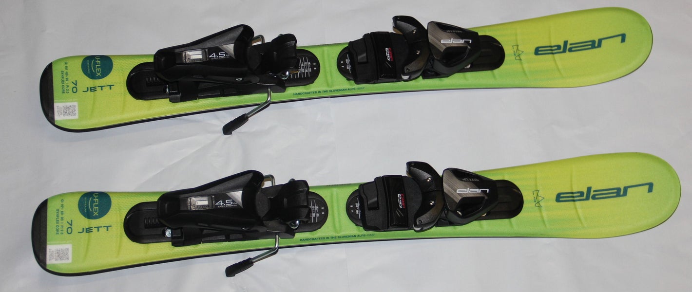 Elan JETT 2026 Kids Skis 70cm Uflex with Size Adjustable EL 4.5 GW Bindings on skis