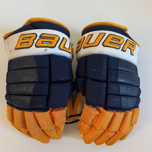 Used Senior Bauer Pro Series Pro Stock Size 14' Gloves Navy/Gold/White