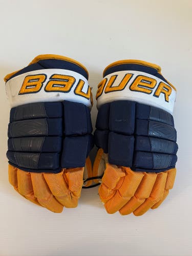 Used Senior Bauer Pro Series Pro Stock Size 14' Gloves Navy/Gold/White