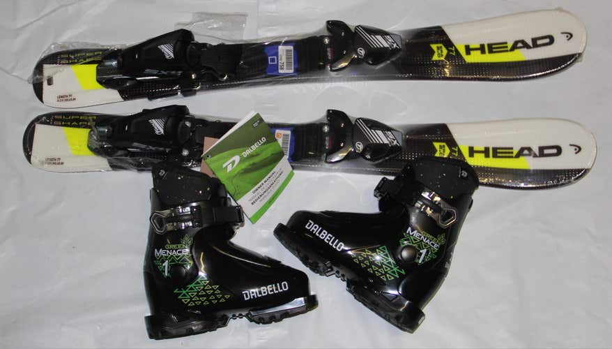 NEW HEAD Supershape kids Skis 77cm + adjustable bindings and 17.5 Mondo size boots!