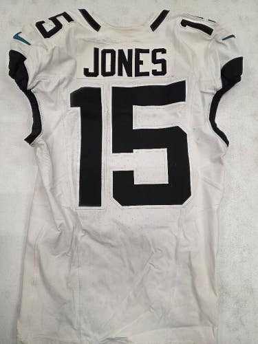 Jaguars TIM JONES #15 Game Used GU Football Jersey 9-29-24 vs Texans WHITE