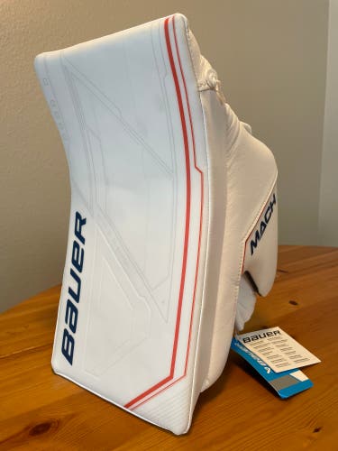 New Pro Stock Bauer Mach Hockey Goalie Blocker Sr (Regular) Edmonton Oilers Wht/Nvy/Org