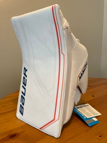 New Pro Stock Bauer Mach Hockey Goalie Blocker Sr (Regular) Edmonton Oilers Wht/Nvy/Org