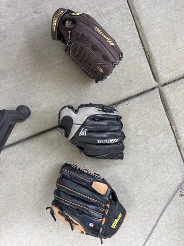 3 Baseball Gloves. (2 Mizuno, 1 Wilson)