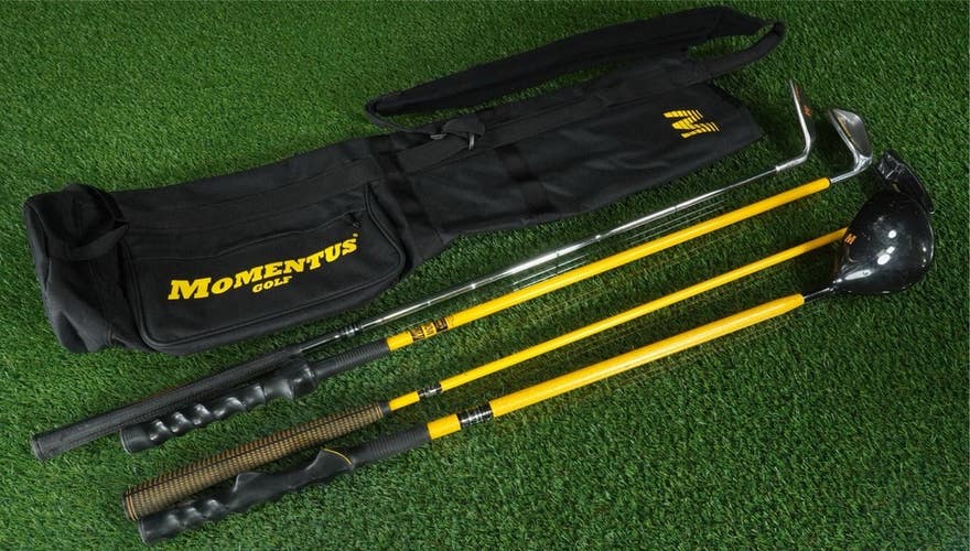 MOMENTUS GOLF SWING TRAINER SET, WEIGHTED DRIVER, IRON, WEDGE, PUTTER & BAG!
