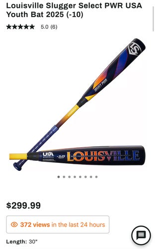 2025 Louisville Slugger Select PWR Hybrid USABat Certified Bat (-10) 20 oz 30" (New)
