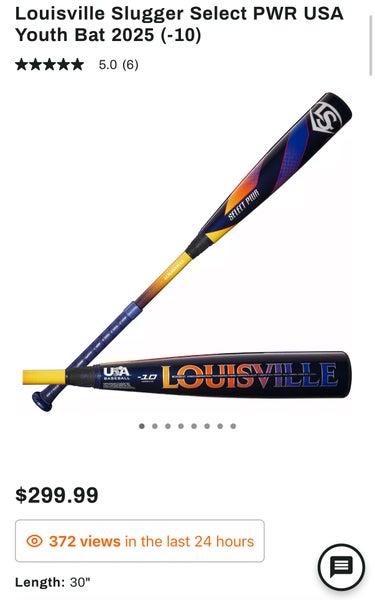 2025 Louisville Slugger Select PWR Hybrid USABat Certified Bat (-10) 20 oz 30" (New)