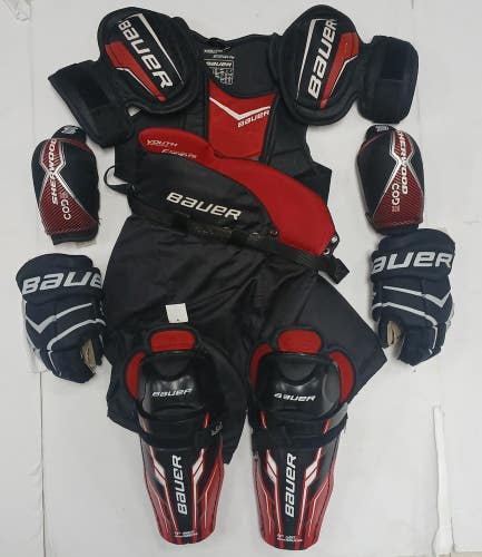 Bauer youth medium equipment pants 9" gloves shin elbow shoulder ice hockey set