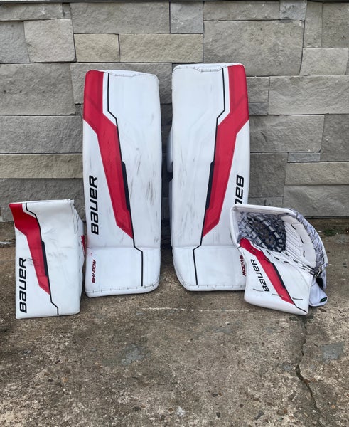 Bauer Shadow Pro Stock Goalie Pads and Gloves Full Set 35 +2 Commesso  BLACKHAWKS 7944