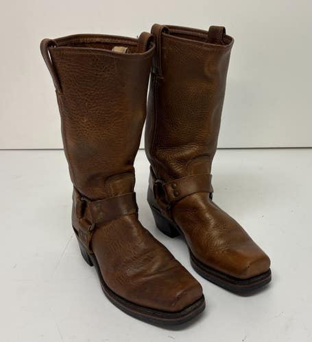 Frye Harness 12R Women's Cognac Leather Square Toe Boots US Size 9 EXCELLENT