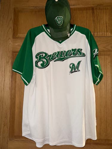 Jersey Milwaukee Brewers clover stitches & matching hat green white XL MLB