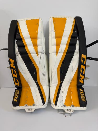 Used CCM Pro Stock Extreme Flex III Goalie Leg Pads 32 + 1 – Black/Gold/White