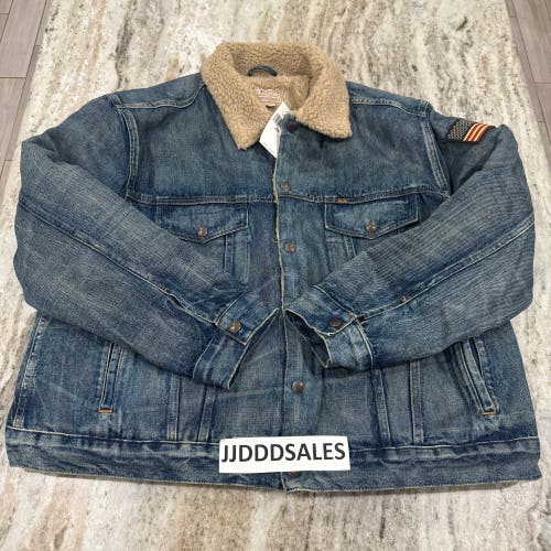 Polo Ralph Lauren Flag Patch USA Sherpa Fleece Denim Trucker Jean Jacket 2XB NWT