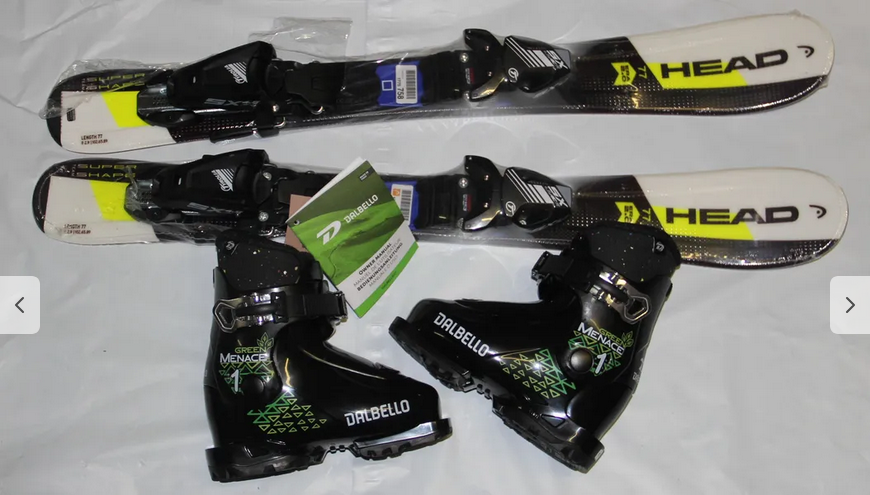 NEW HEAD Supershape kids Skis 77cm + adjustable bindings and 18/18.5 Mondo size boots!