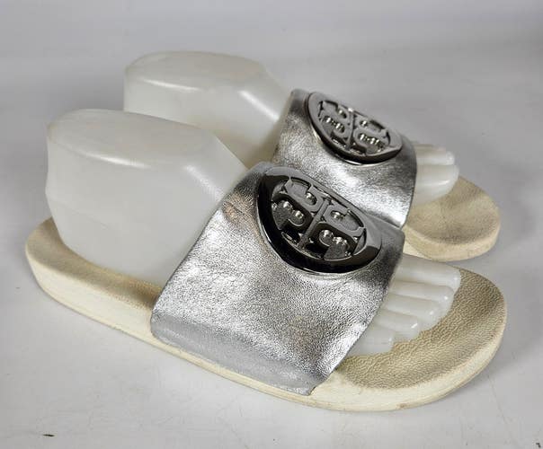 Tory Burch Metallic Silver Sport Slides Sandals Shoes Womens Size 10 M