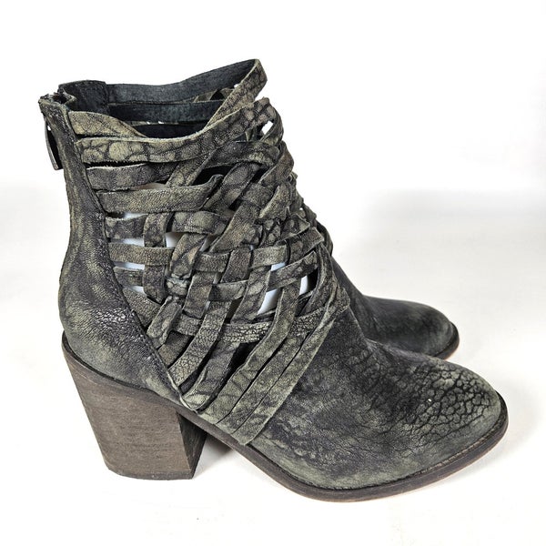 Free People Carrera Boots Women's 39 / 9 Black Leather Woven Boho Chunky Booties