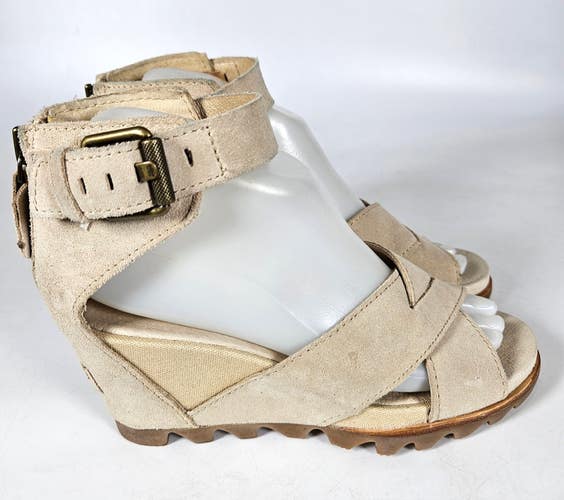 Sorel Joanie Ankle Strap Nubuck Leather Wedge Sandal Size 6.5 Rear Zip