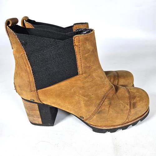 Sorel Addington Ankle Booties Women's Size 7.5 Brown Leather Chunky Heeled Boots