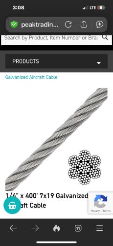 (New)1/4” galvanized aircraft cable for making your own outdoor batting cages or zip line