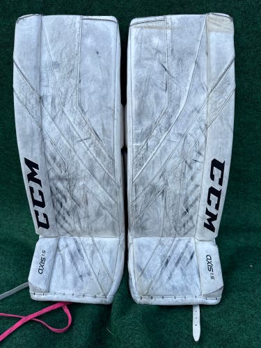 White Junior CCM Axis 1.5 Goalie Leg Pads (Used) | 28”+ 1”