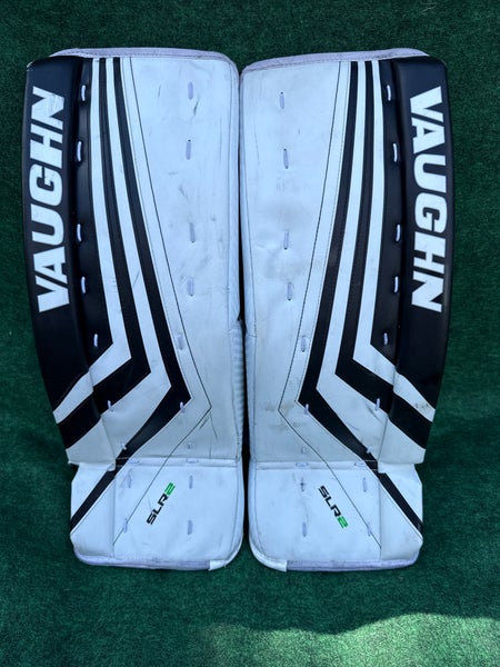 White & Black Youth Vaughn Ventus SLR2 Goalie Leg Pads (Used) | 24”+ 2”