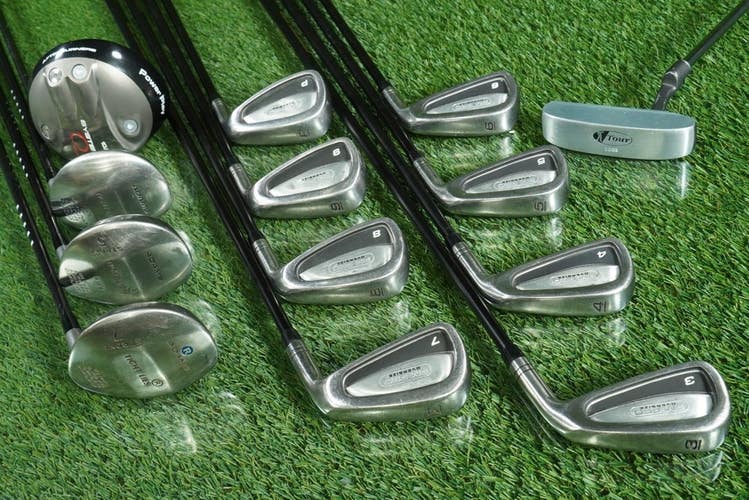 MENS GOLF SET 13pc. Q SYSTEM 1W, ADAMS 3W,5W,7W PM PRO 3-PW, PUTTER, STIFF RH